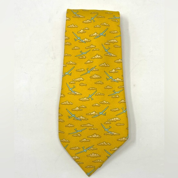 Hermes Yellow Airplane Cloud Printed Silk Tie 7762 FA - Picture 1 of 15